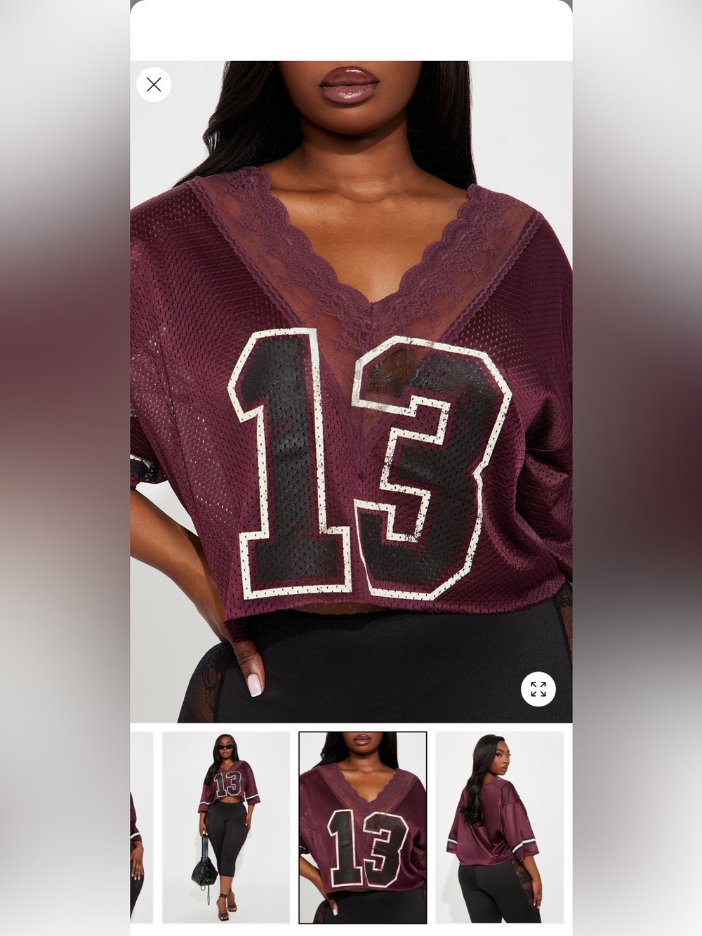 Fashion Nova Burgundy Mesh V-Neck Jersey with Black '13' Patch
